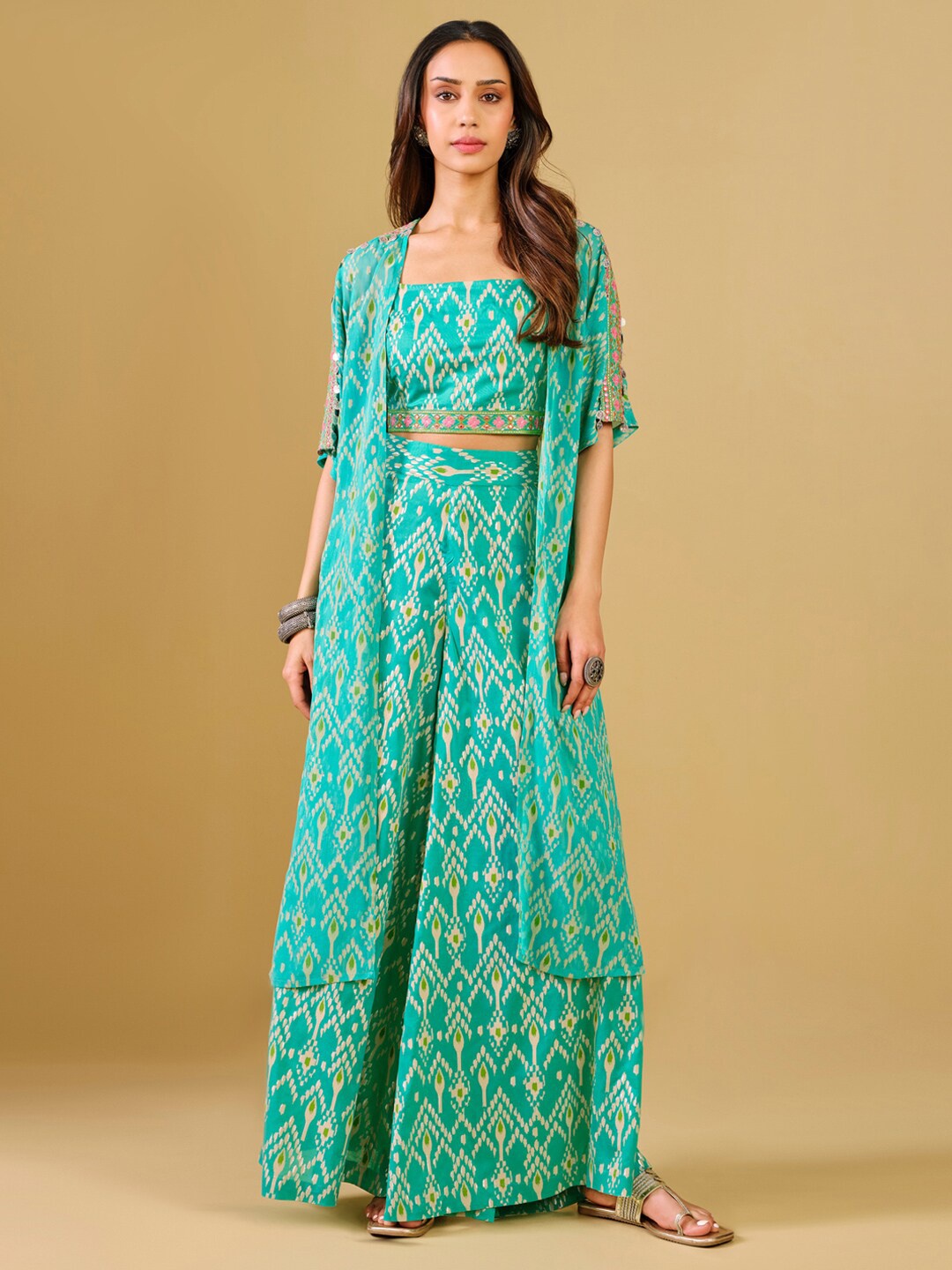 

Global Desi Printed Top & Palazzos, Blue