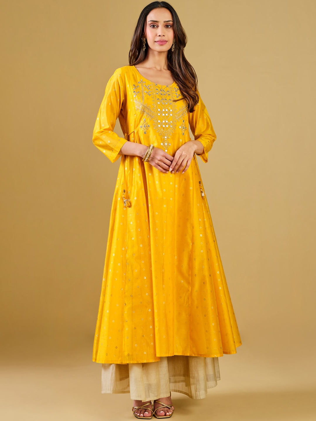 

Global Desi Ethnic Motifs Yoke Design Mirror Work Anarkali Kurta, Yellow