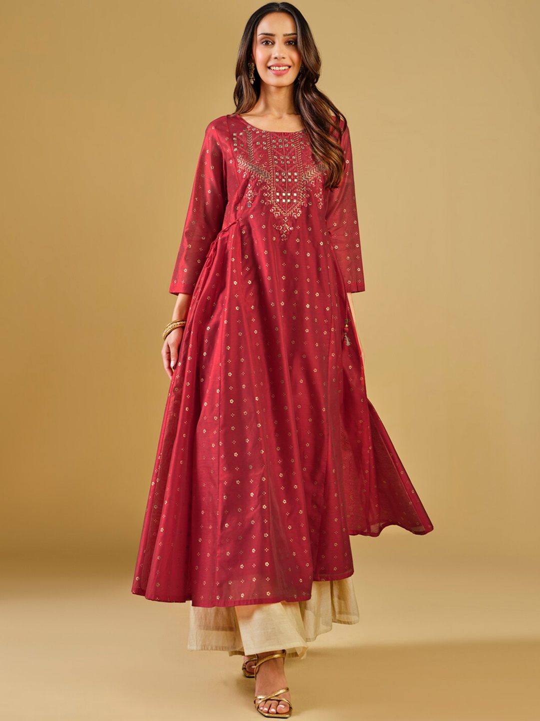 Global Desi Ethnic Motifs Printed Mirror Work Anarkali Kurta, Red