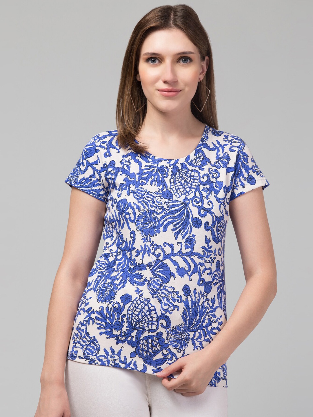 

BAESD Floral Printed Cotton Round Neck Short Sleeves Pockets T-shirt, Blue