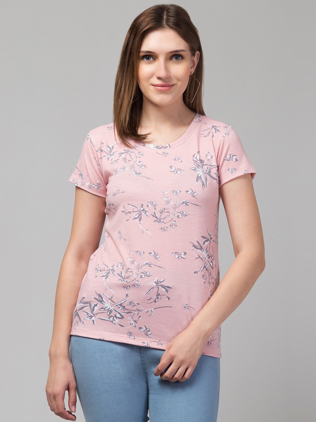 

BAESD Floral Printed Round Neck Regular Sleeves Cotton T-shirt, Pink