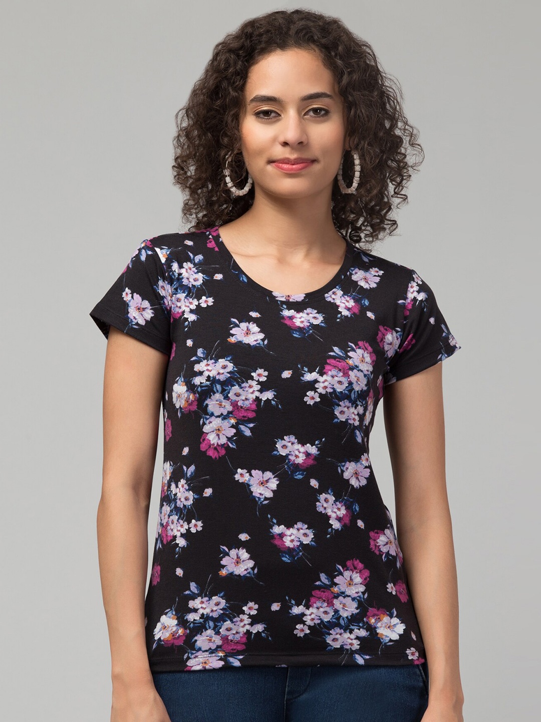 

BAESD Floral Printed Regular Sleeves Casual T-shirt, Black