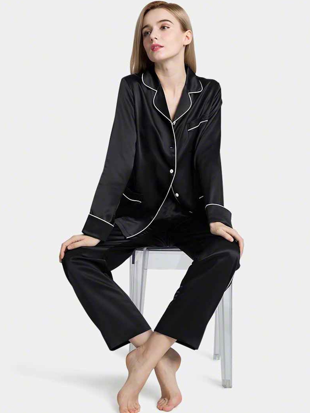 

Bella Babe by SK Lapel Collar Satin Night Suit, Black