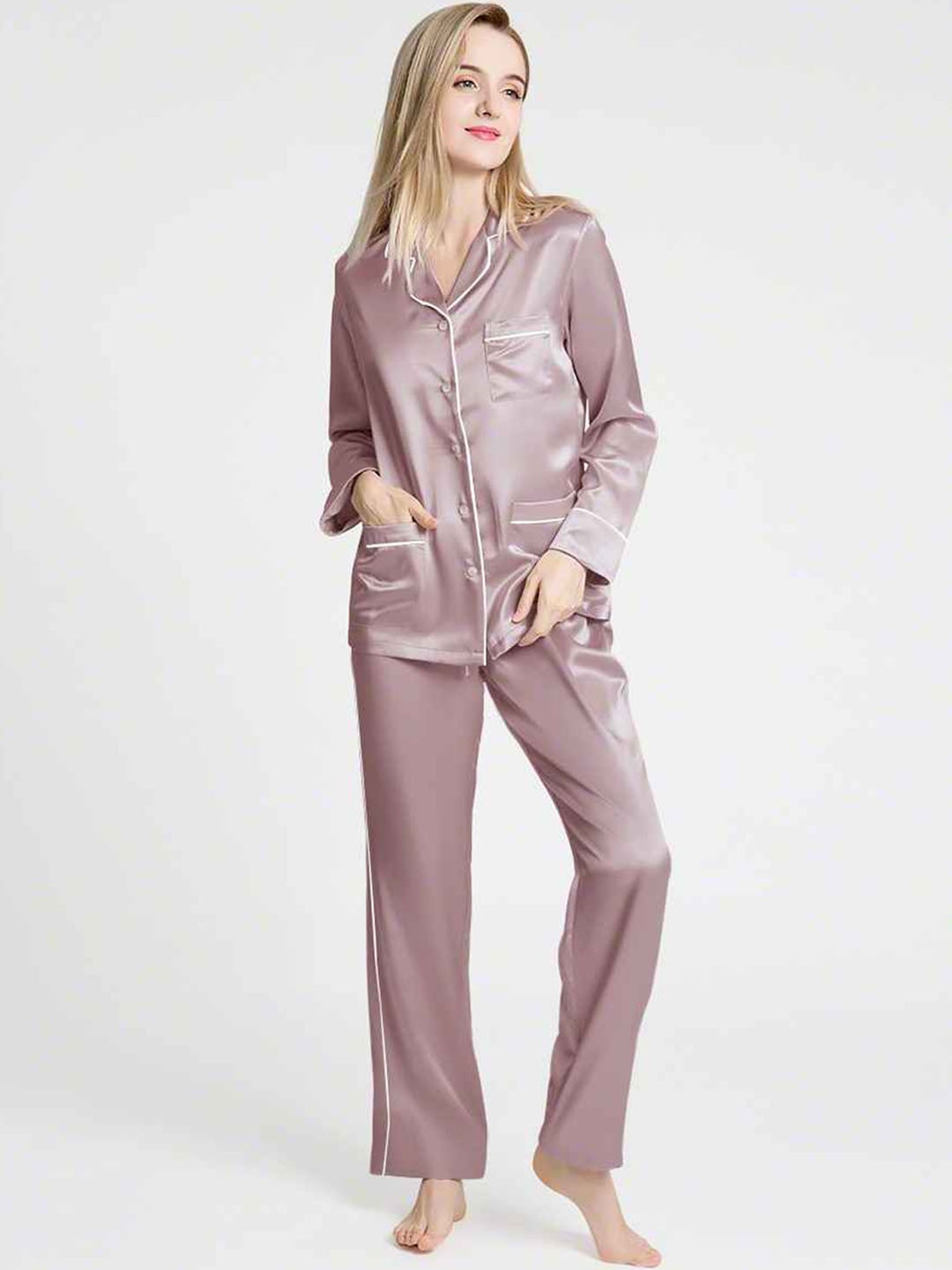 

Bella Babe by SK Lapel Collar Satin Night Suit, Pink
