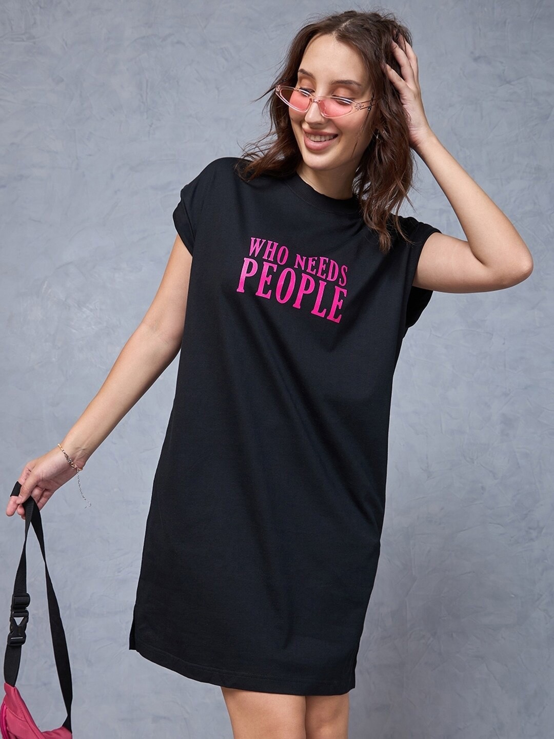 

Bewakoof Black Typography Printed Extended Sleeves Cotton T-shirt Dress