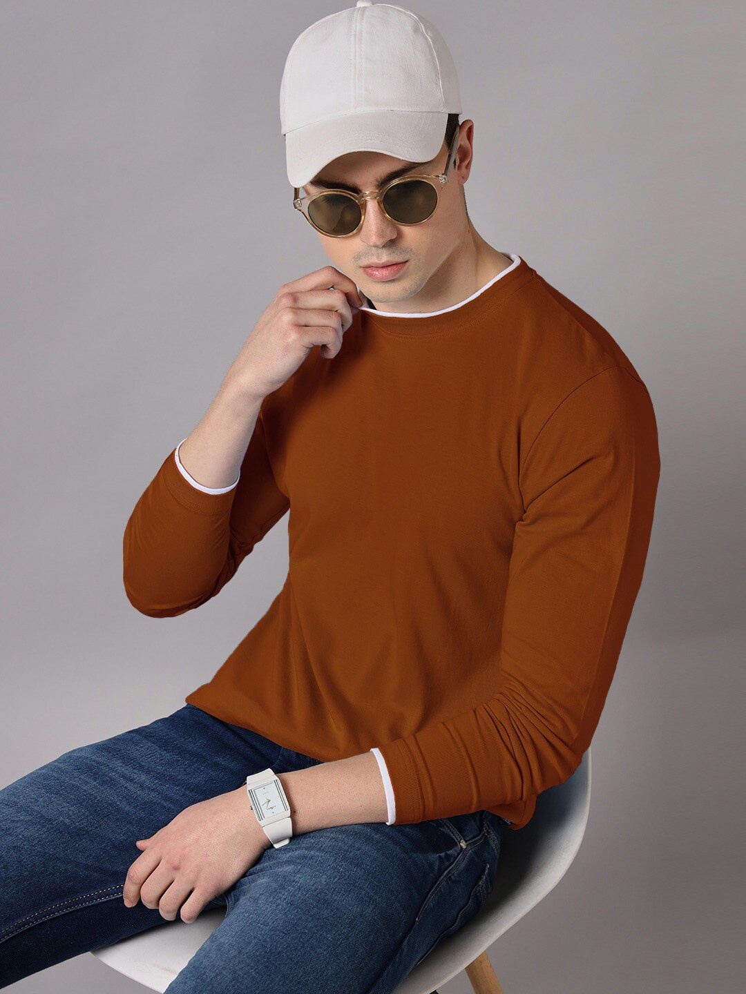 

The Dry State Round Neck Long Sleeves Cotton T-shirt, Brown