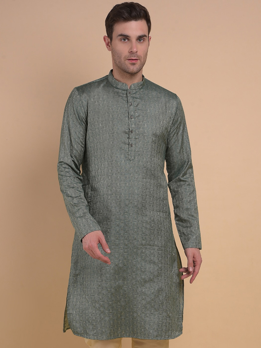 

Anouk Grey Woven Design Mandarin Collar Jacquard Straight Kurta