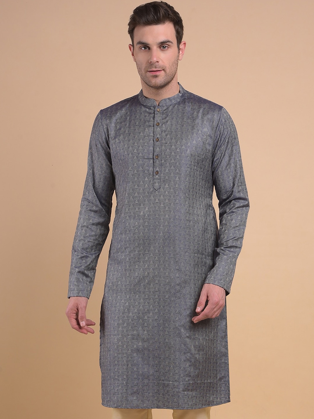 

Anouk Grey Striped Mandarin Collar Jacquard Kurta