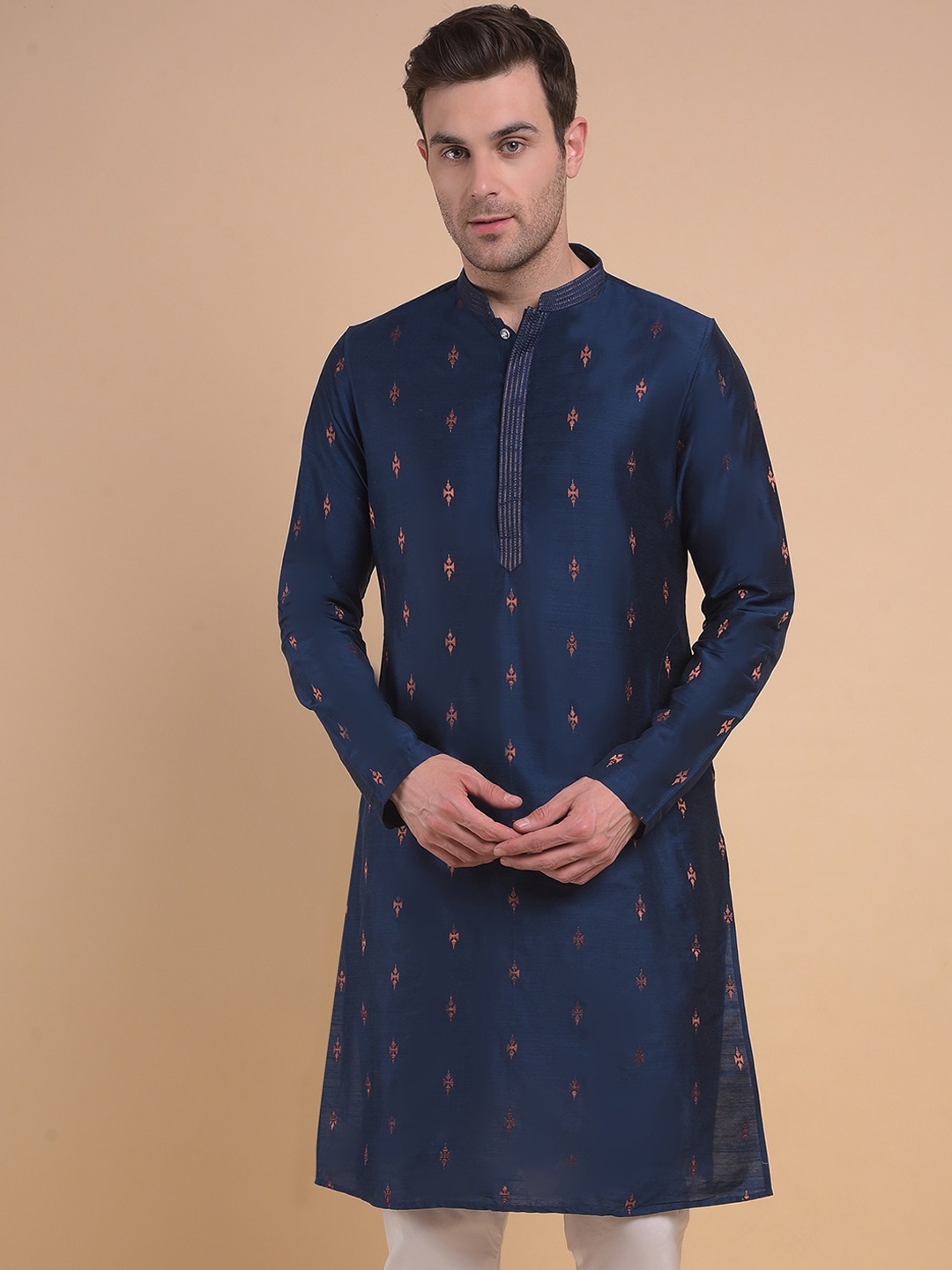 

Anouk Navy Blue Ethnic Motifs Woven Design Regular Jacquard Straight Kurta