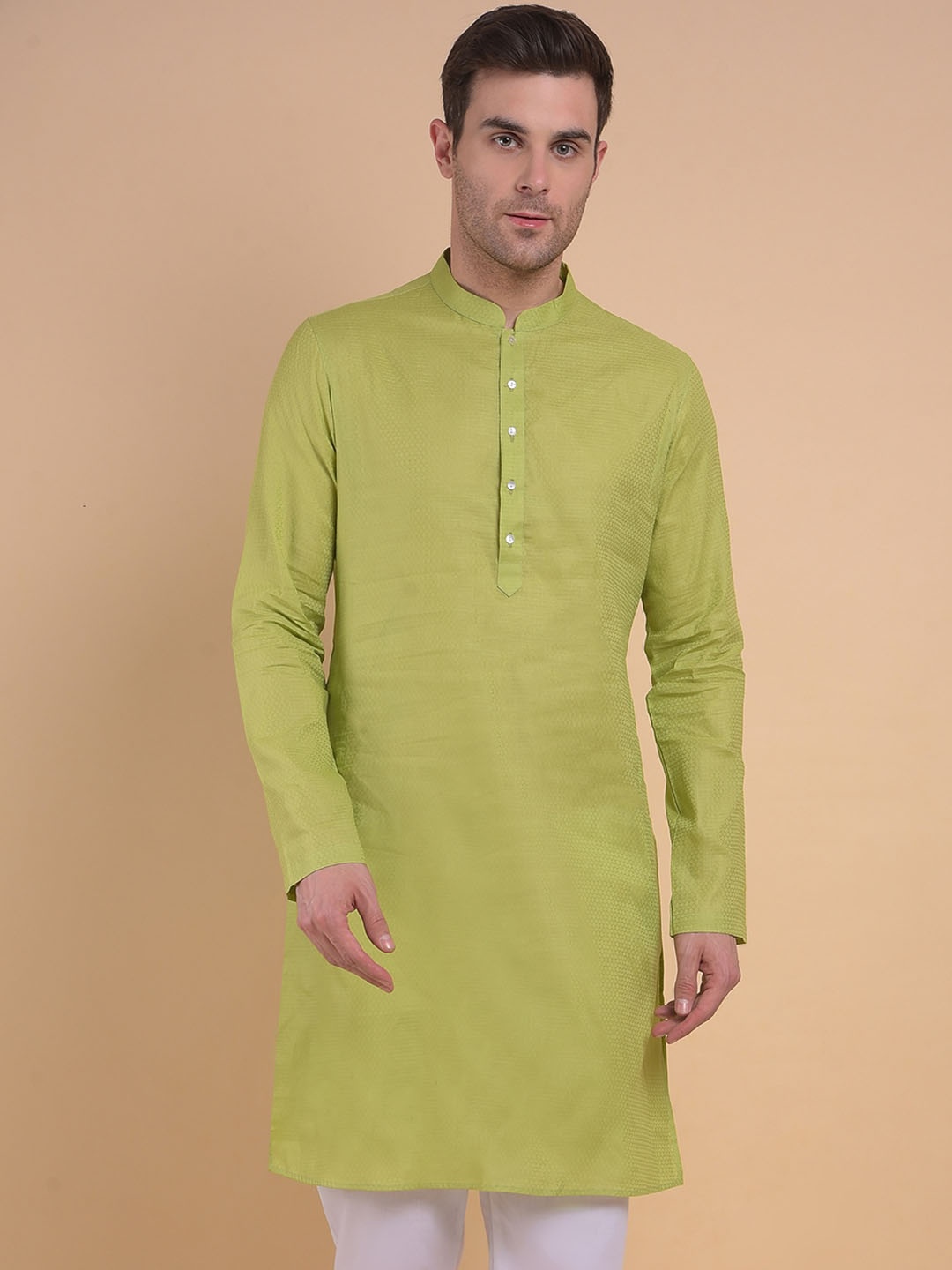 

Anouk Green Geometric Woven Design Mandarin Collar Jacquard Straight Kurta