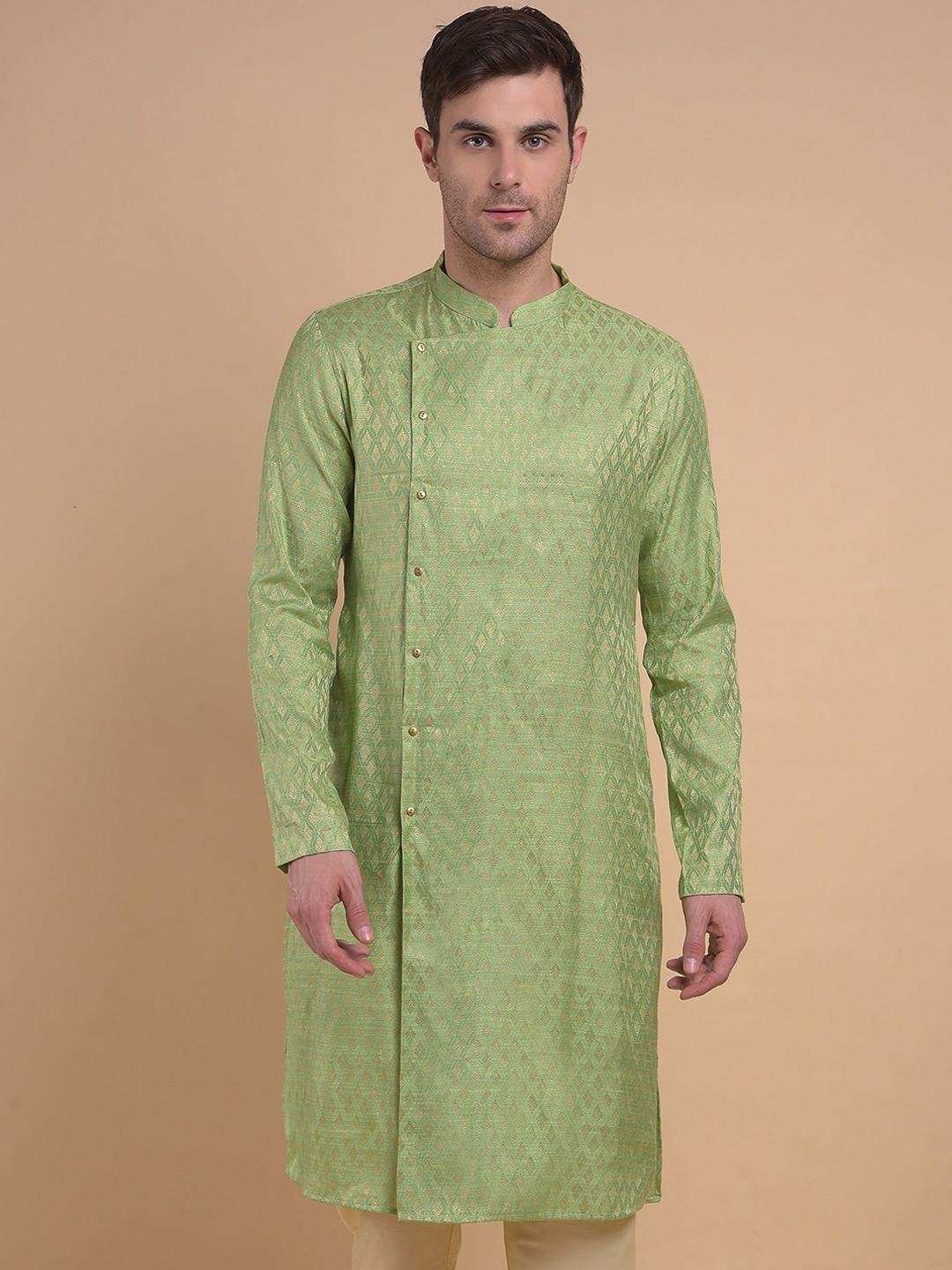 

Anouk Green Ethnic Motifs Woven Design Mandarin Collar Jacquard Angrakha Kurta