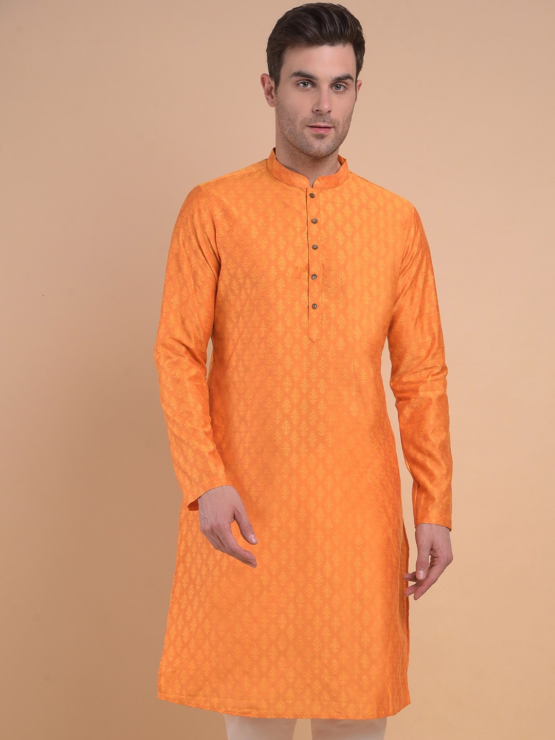 

Anouk Thread Work Mandarin Collar Jacquard Straight Kurta, Yellow
