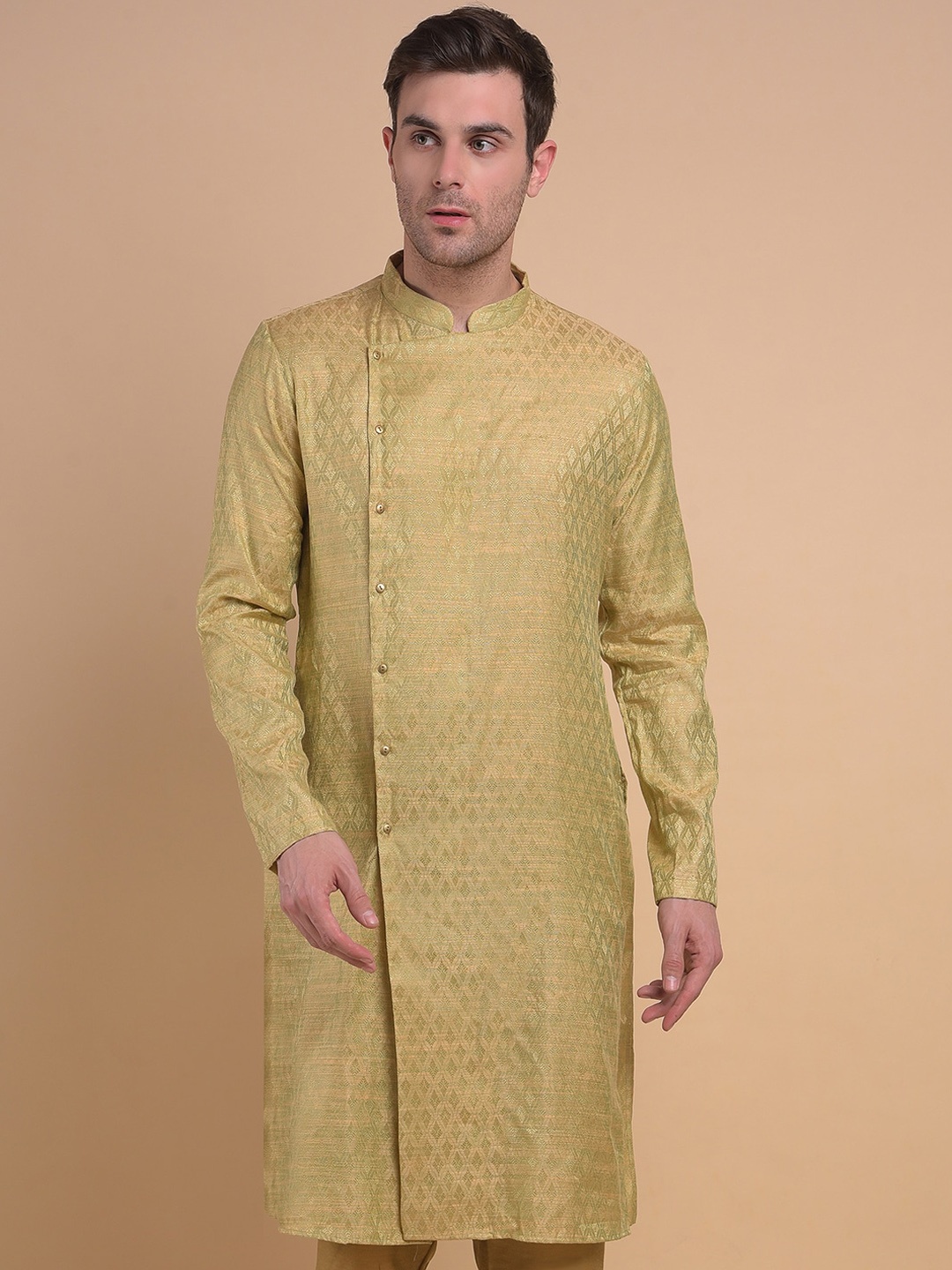 

Anouk Cream Ethnic Motifs Woven Design Mandarin Collar Jacquard Angrakha Kurta