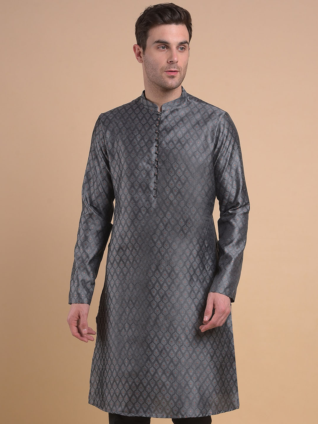 

Anouk Mandarin Collar Long Sleeves Jacquard Kurta, Silver