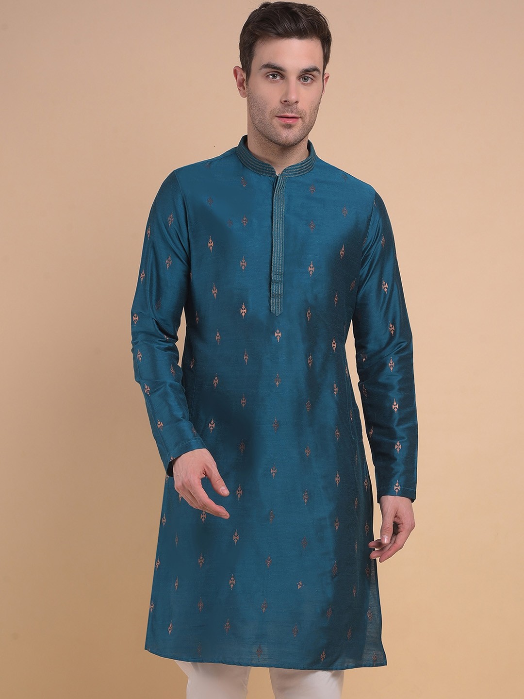 

Anouk Blue Ethnic Motifs Woven Designed Thread Work Jacquard Weave Cotton Silk Kurta