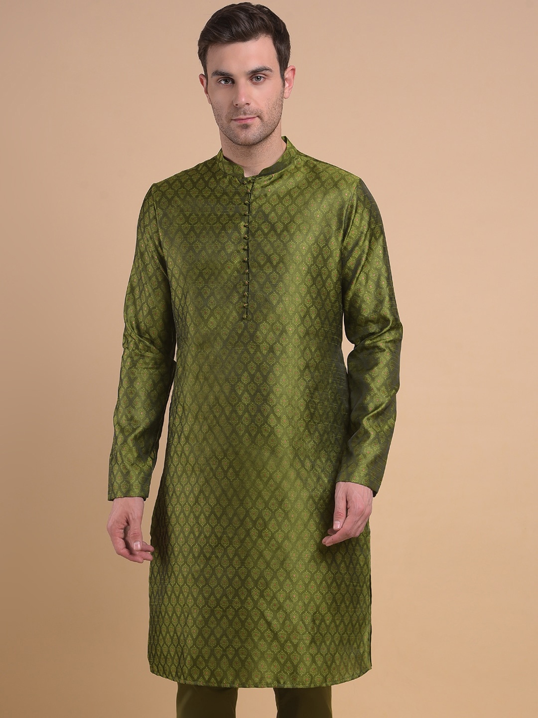 

Anouk Olive Green Ethnic Motifs Woven Design Jacquard Straight Kurta