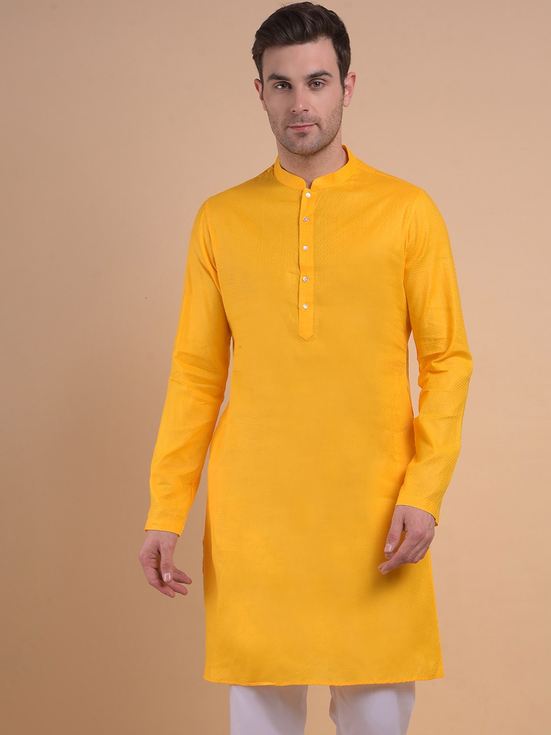 

Anouk Yellow Mandarin Collar Straight Jacquard Kurta