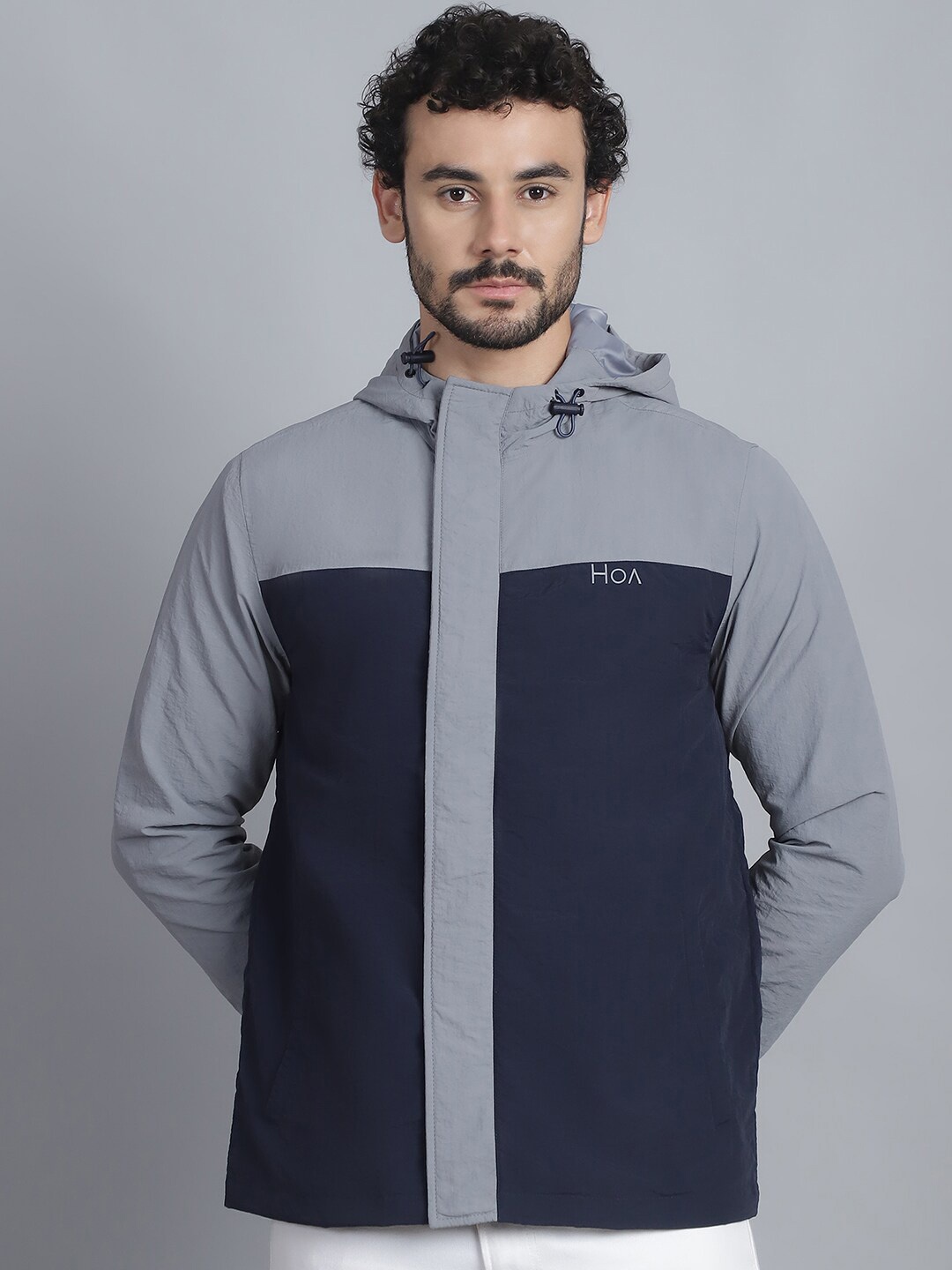 

HOUSE OF VEDAS Colourblocked Hooded Waterproof Rain Jacket, Grey