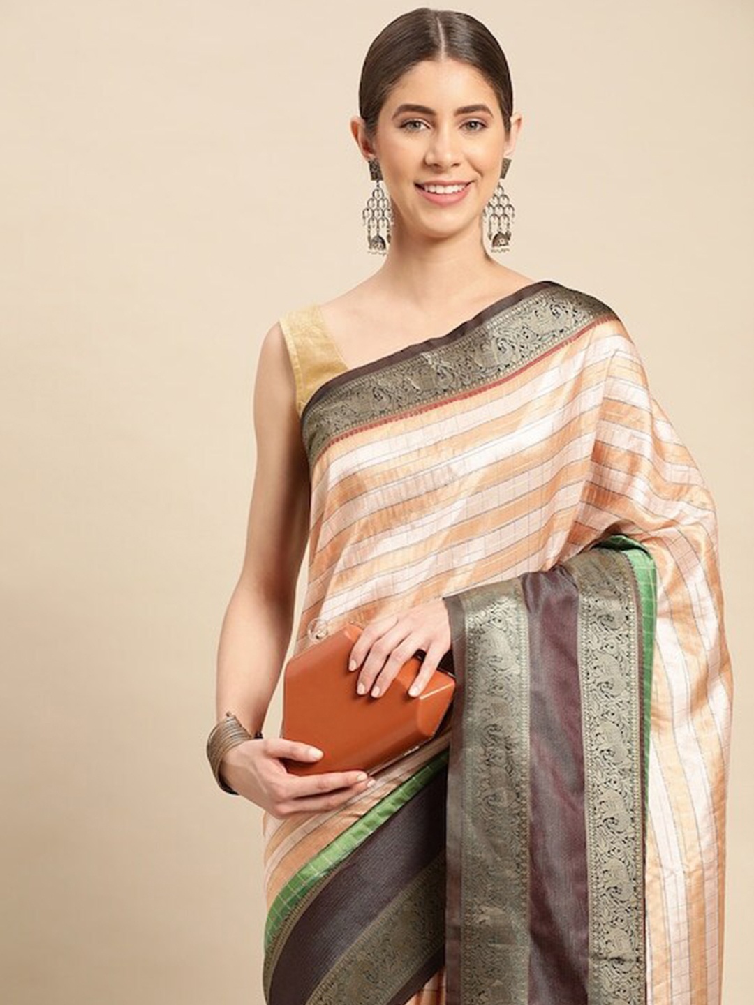 

PATLIPALLU Striped Zari Banarasi Saree, Green