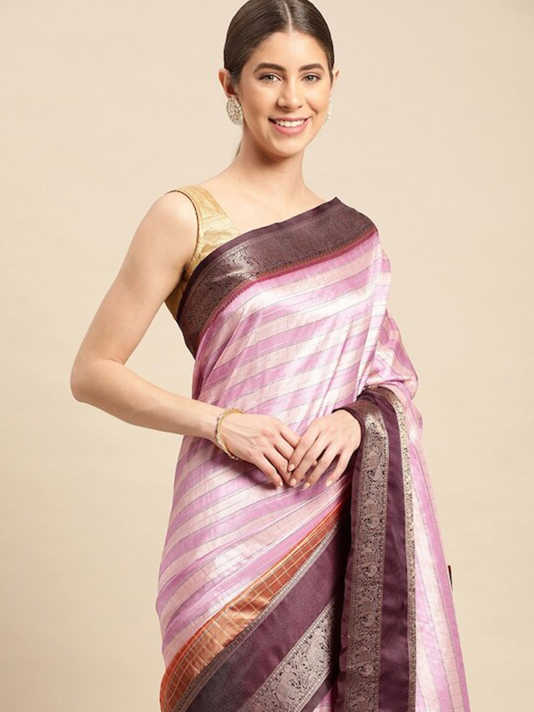 

PATLIPALLU Striped Zari Banarasi Saree, Pink