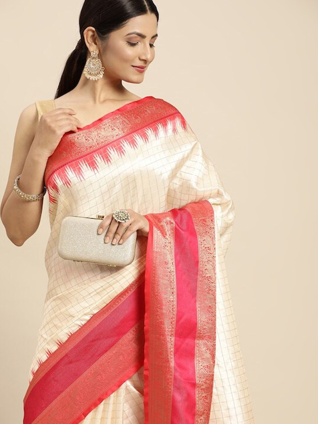 

PATLIPALLU Checked Zari Banarasi Saree, White