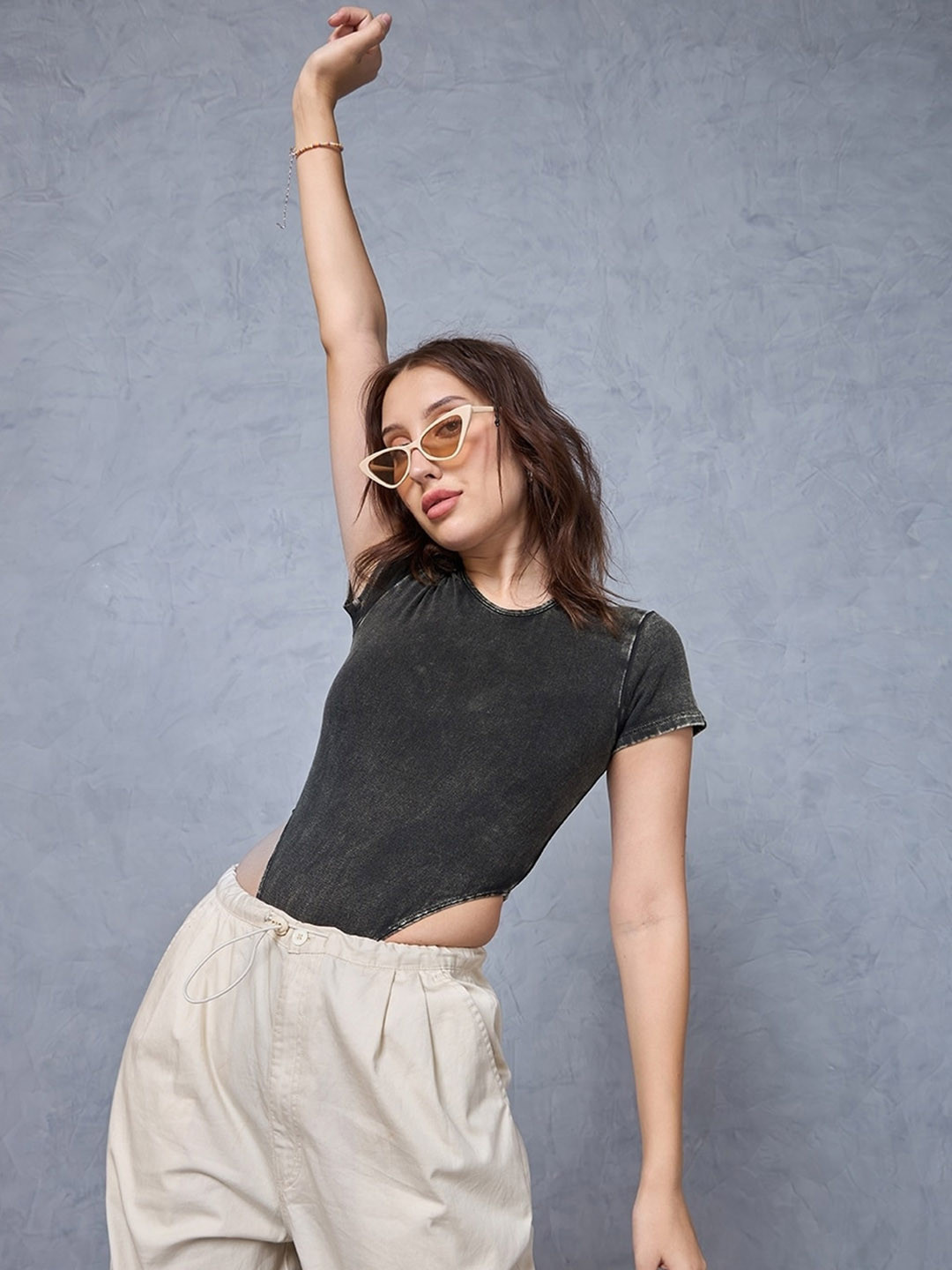 

Bewakoof Black Slim Fit Cotton Acid Wash Bodysuit