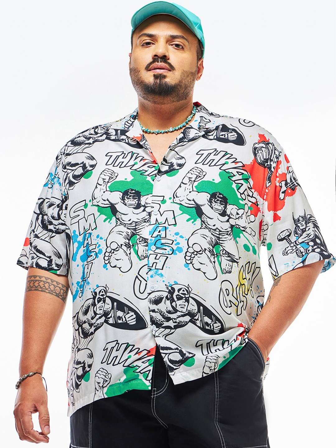 

Bewakoof White Marvel Anime Printed Oversized Casual Shirt
