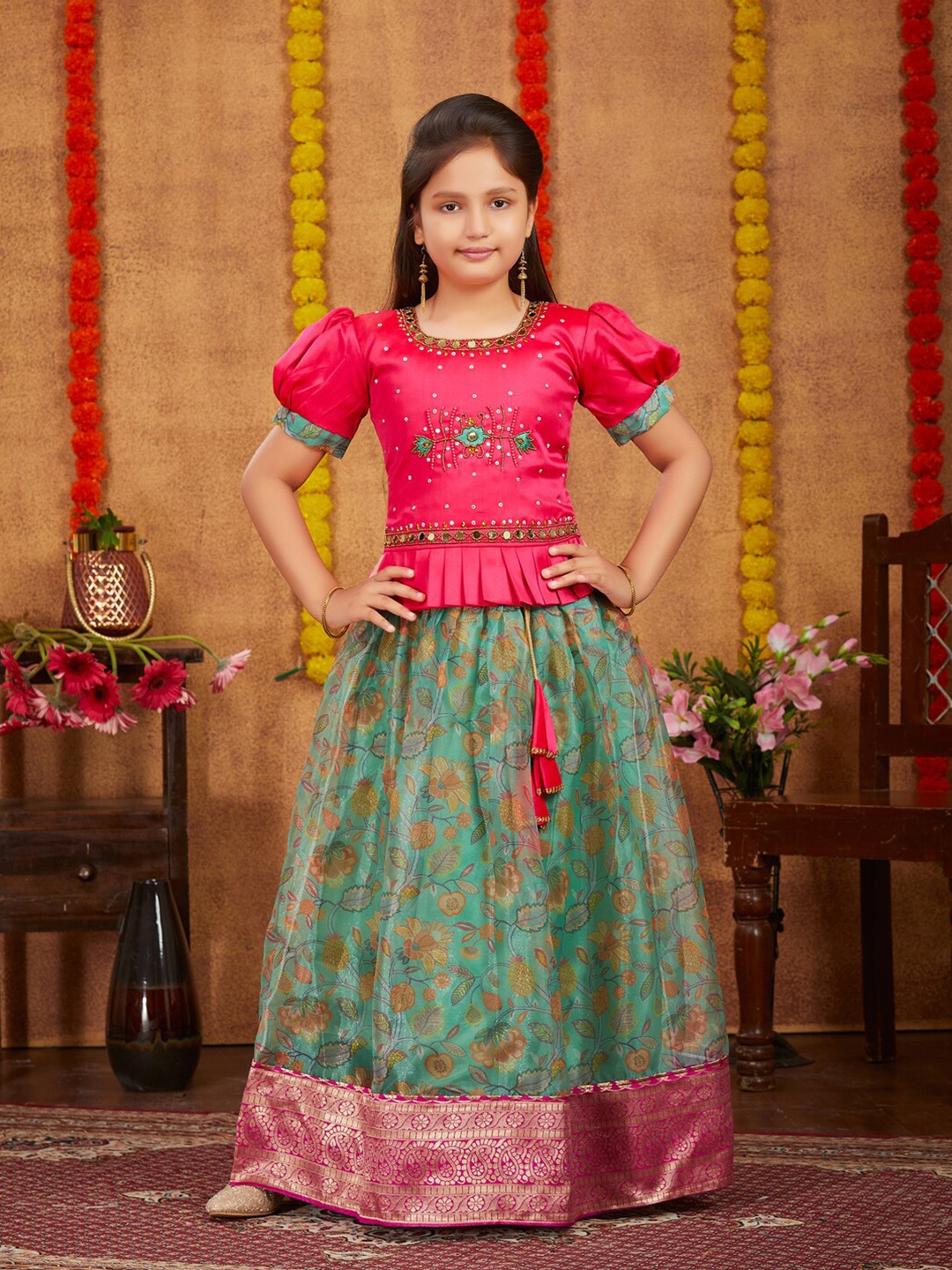 

Aarika Girls Embellished Beads and Stones Ready to Wear Lehenga & Blouse, Pink