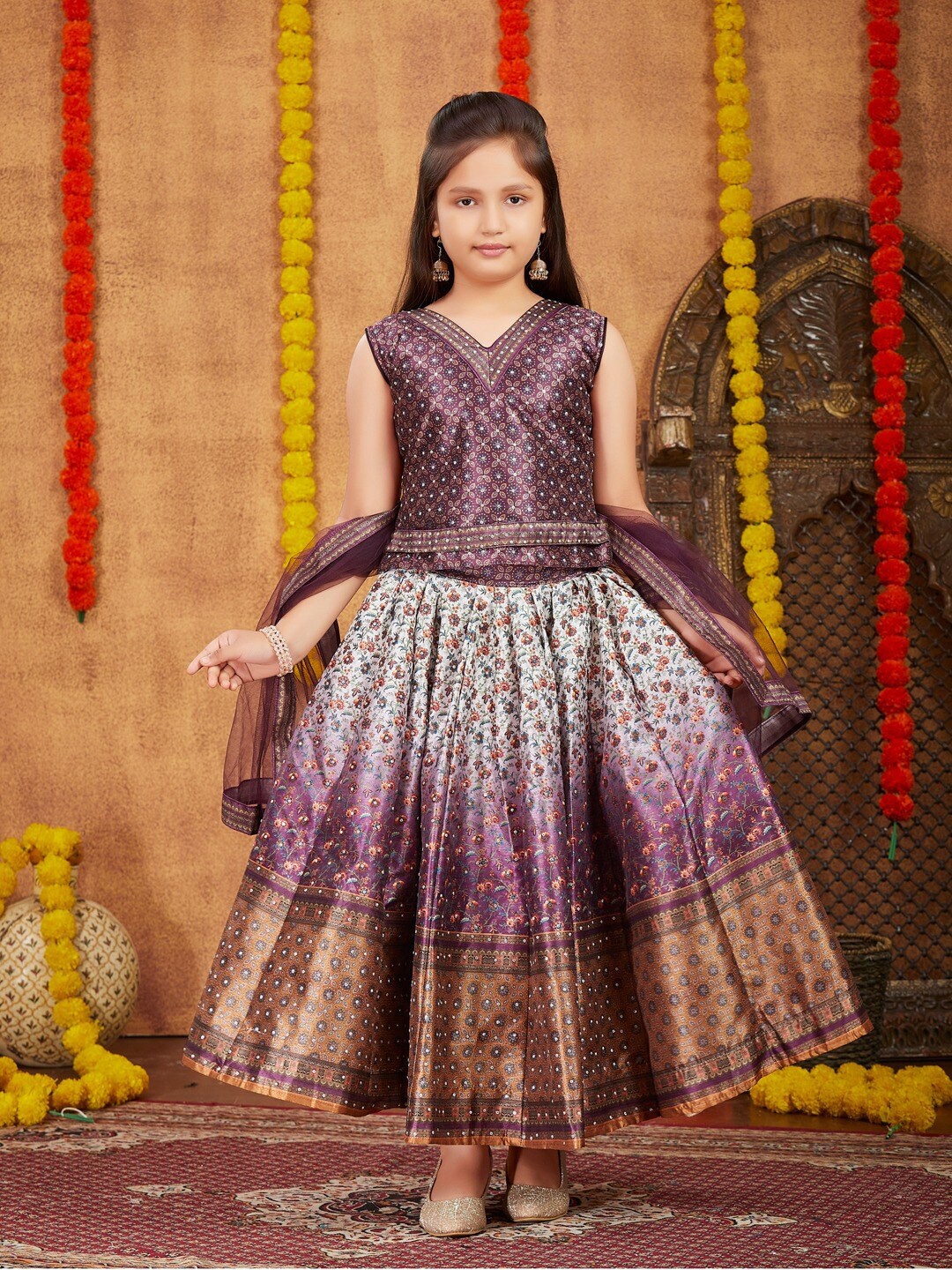 

Aarika Girls Printed Ready to Wear Lehenga & Blouse With Dupatta, Purple