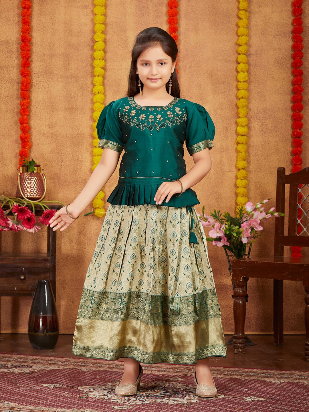 

Aarika Girls Embroidered Ready to Wear Lehenga & Blouse, Green