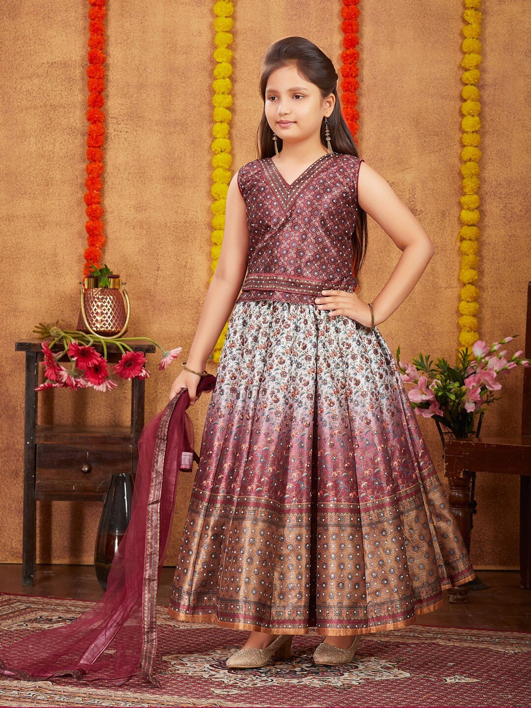 

Aarika Girls Printed Ready to Wear Lehenga & Blouse, Maroon