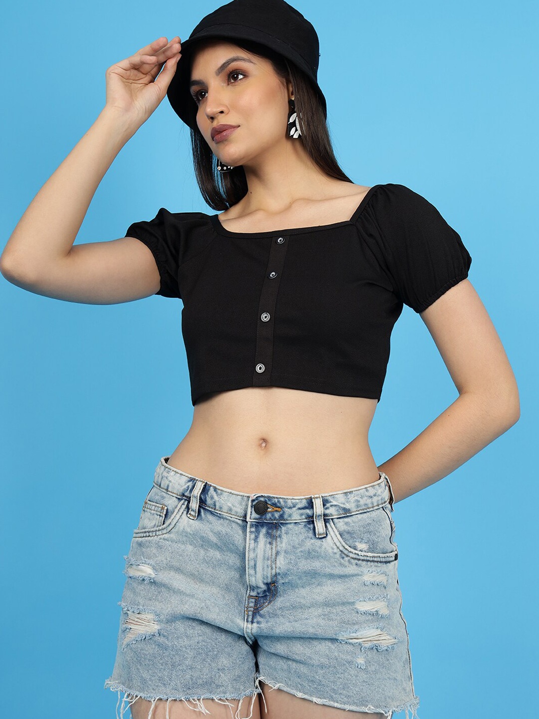 

Wool Trees Square Neck Puff Sleeve Crop Top, Black
