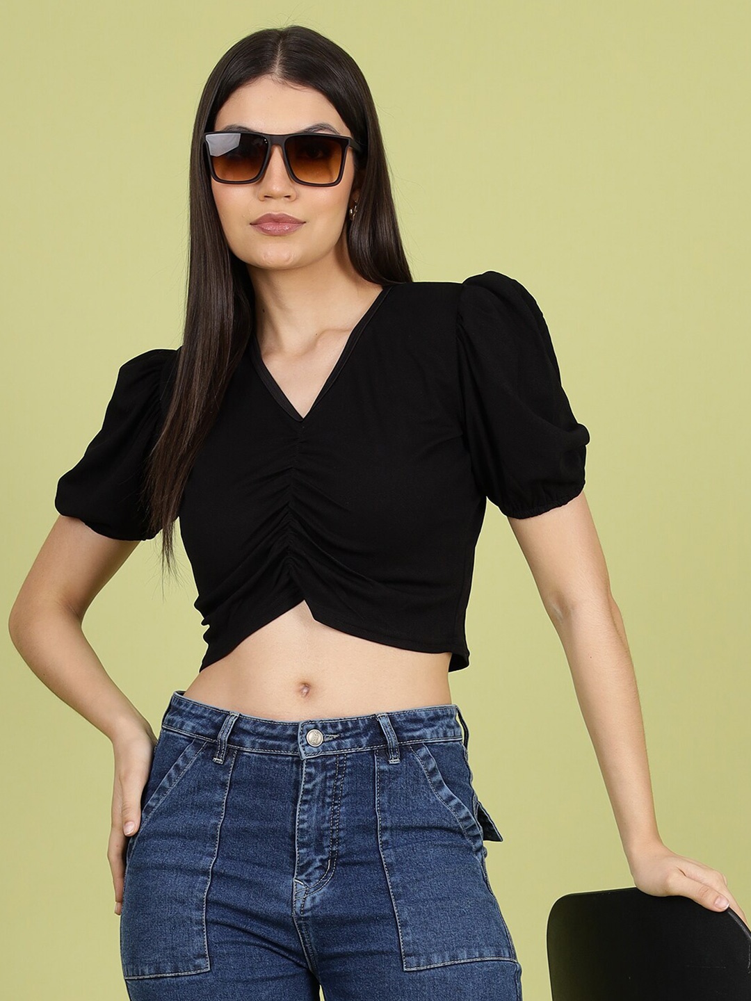 

Wool Trees V-Neck Puff Sleeve Crop Top, Black
