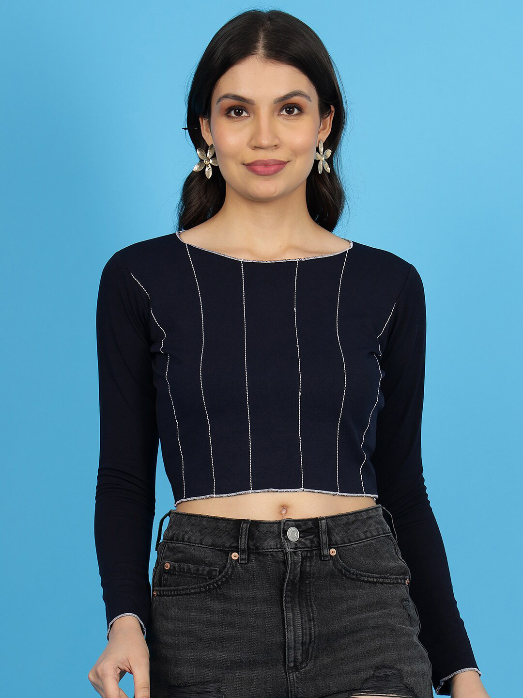 

Wool Trees Striped Round Neck Crop Top, Black