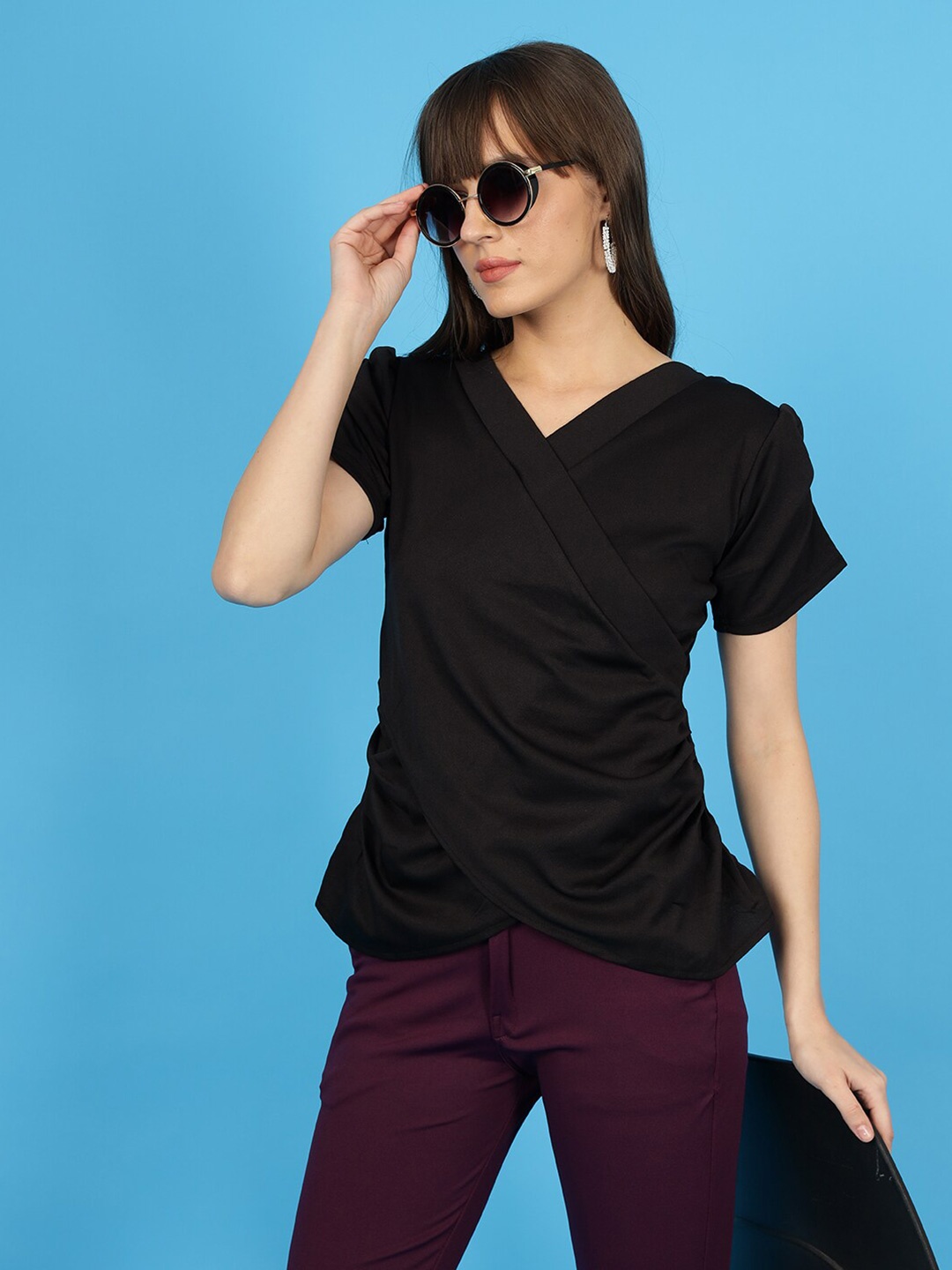 

Wool Trees Short Sleeves V-Neck Wrap Top, Black