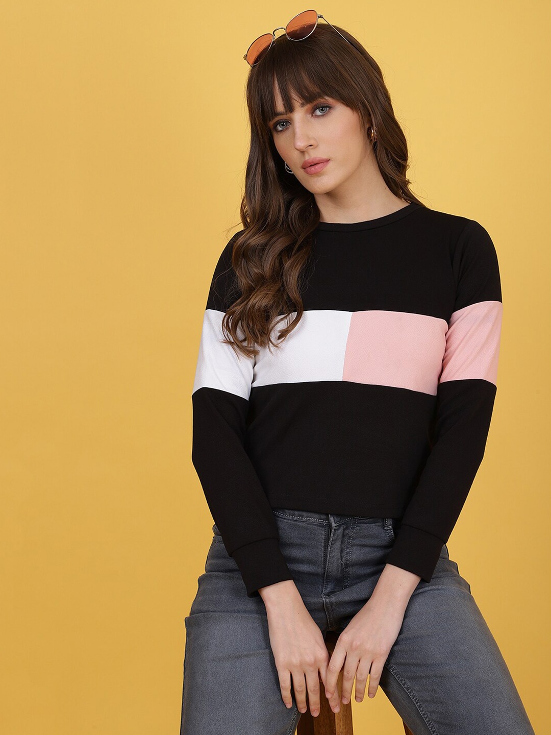 

Wool Trees Long Sleeves Round Neck Colourblocked Top, Black