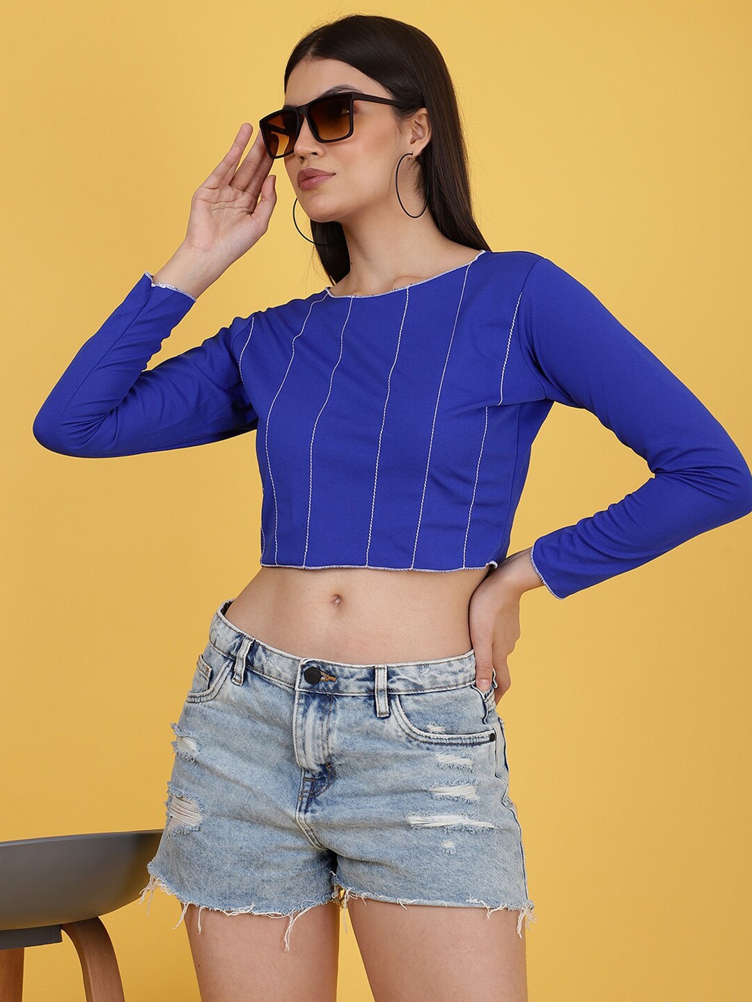 

Wool Trees Striped Long Sleeves Round Neck Crop Top, Blue