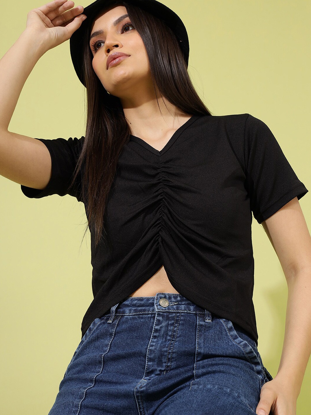 

Wool Trees V-Neck Short Sleeves Crop Top, Black
