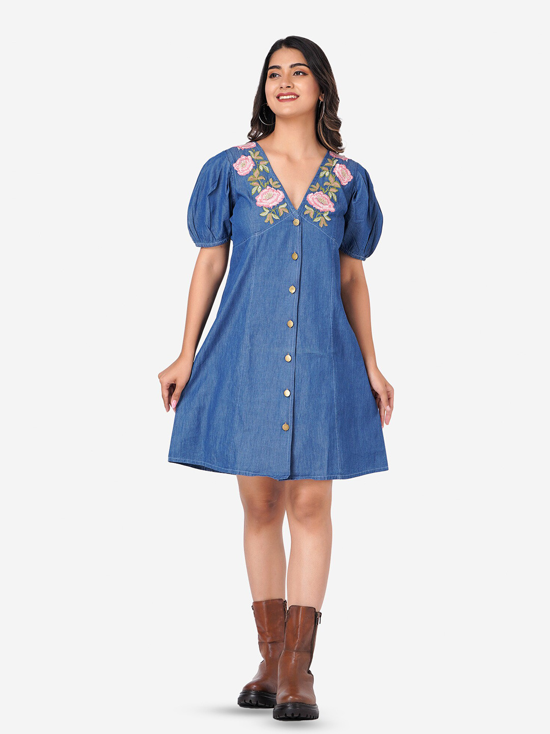 

SUMAVI-FASHION Short Sleeves V-Neck Organic Cotton Denim A-Line Dress, Blue