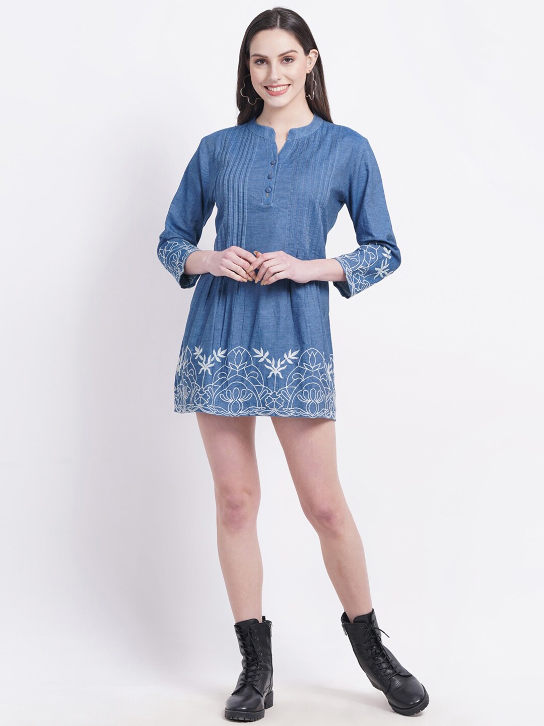 

SUMAVI-FASHION Tie and Dye Dyed Organic Cotton Denim A-Line Dress, Blue