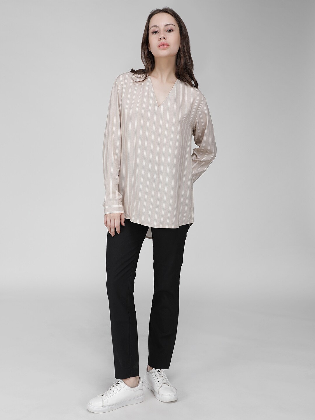 

IDK Vertical Striped V-Neck Cuffed Sleeves Top, Beige