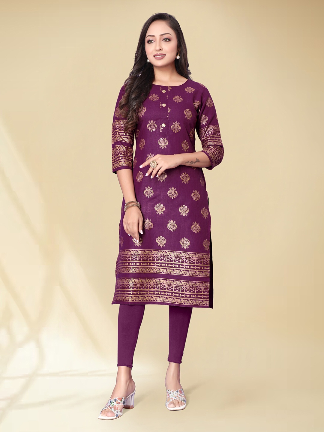 

Anouk Purple Ethnic Motifs Foil Printed Straight Kurta