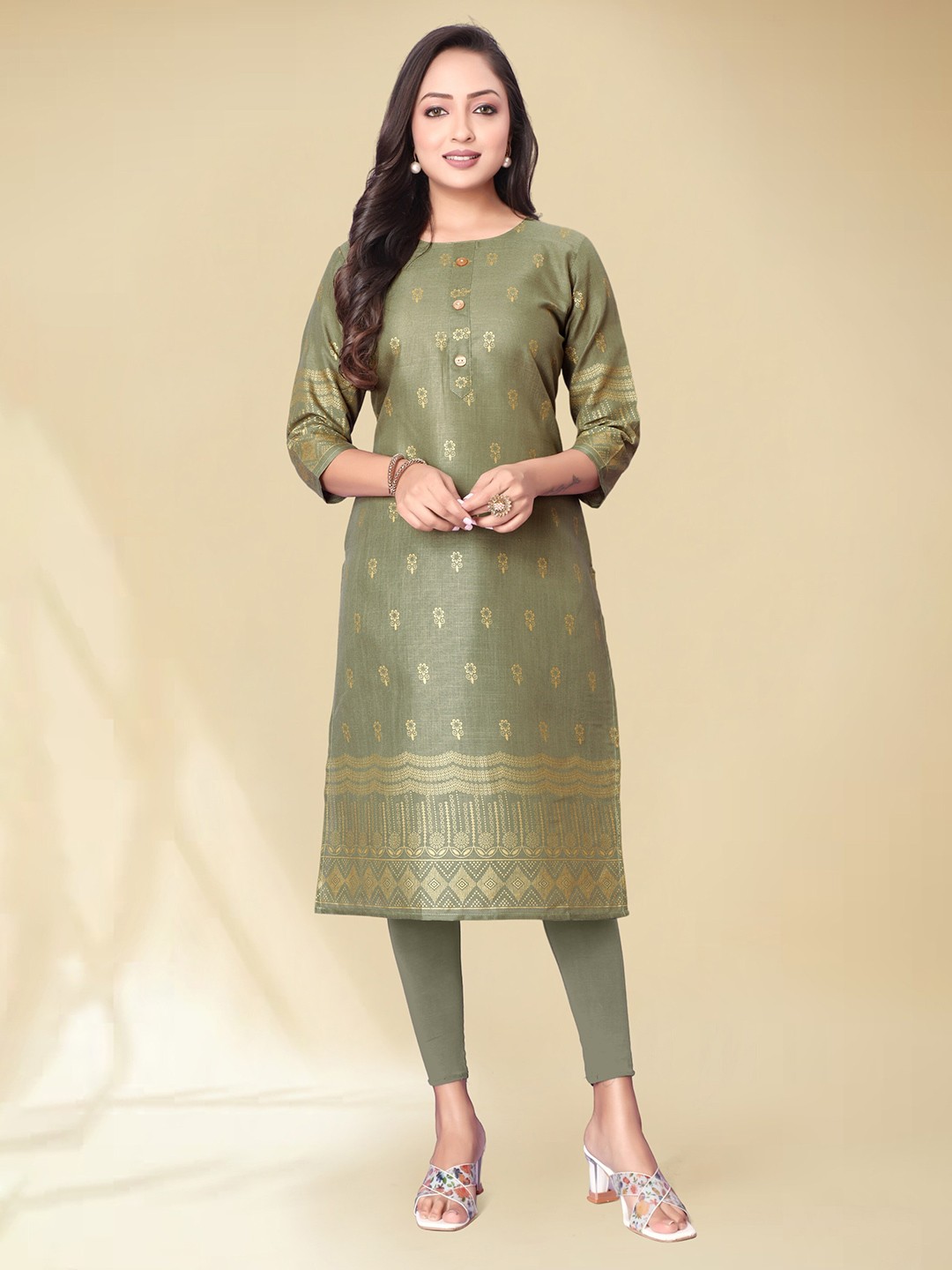 

Anouk Green Ethnic Motifs Printed Round Neck Straight Kurta