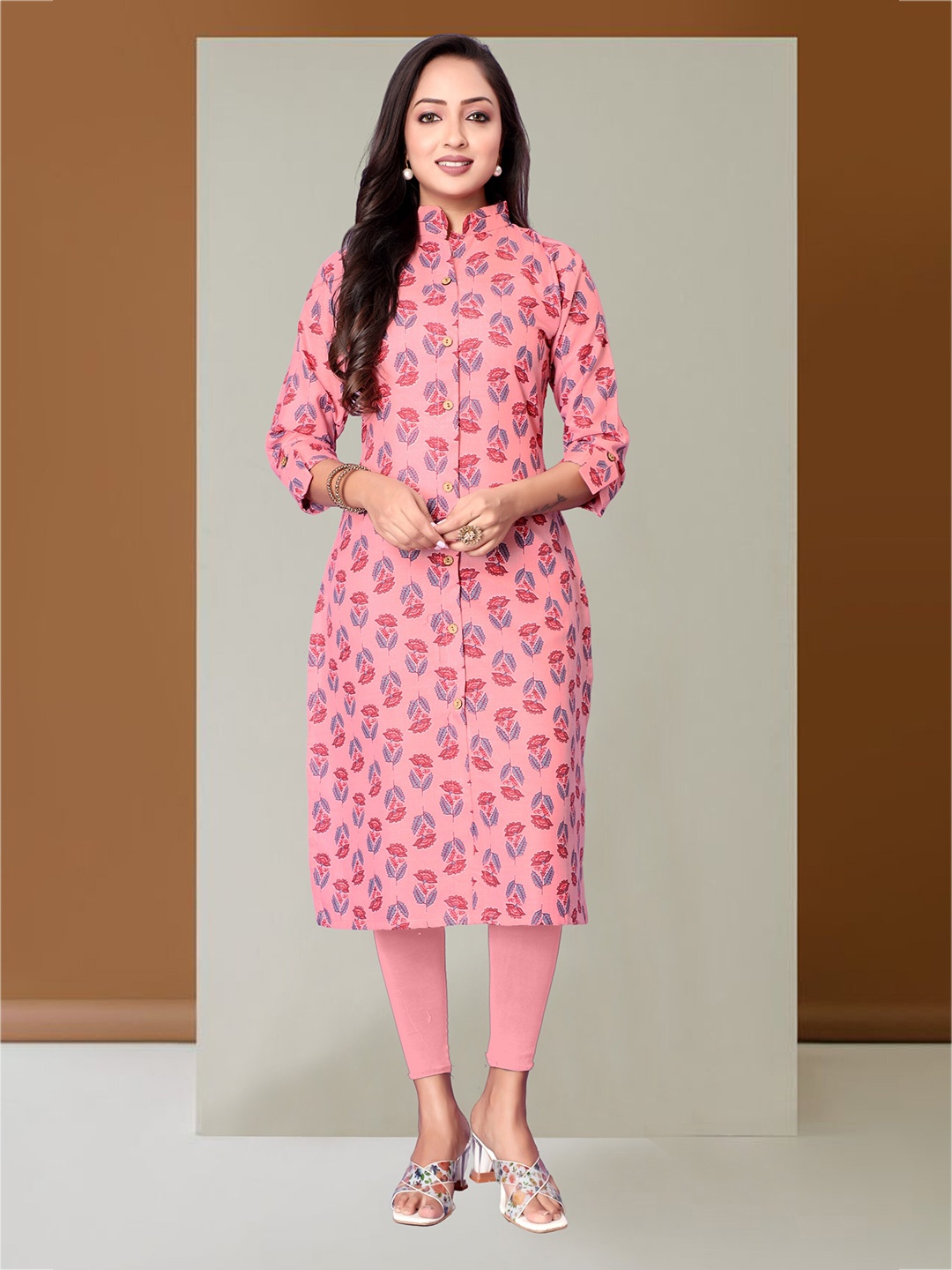 

Anouk Pink Floral Printed Mandarin Collar Roll-Up Sleeves Straight Kurta