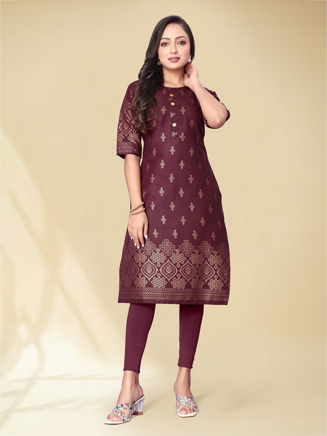 

Anouk Coffee Brown Ethnic Motifs Printed Pure Cotton Straight Kurta