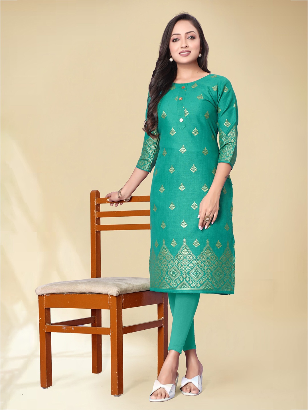 

Anouk Ethnic Motifs Printed Round Neck Kurta, Sea green