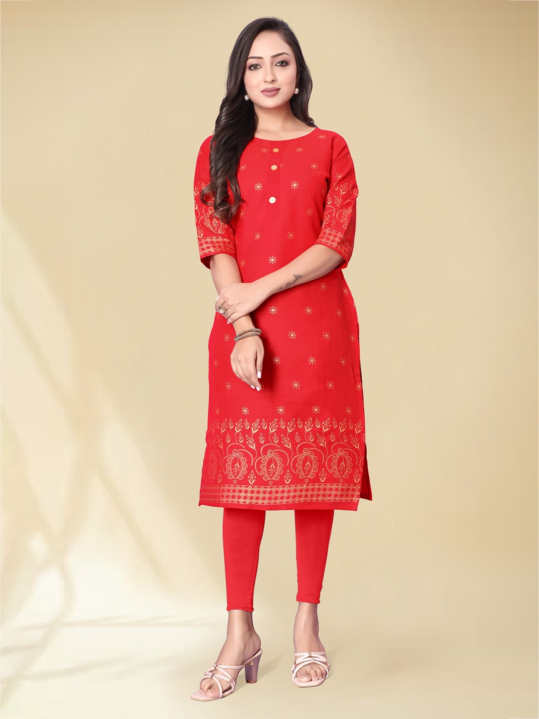 

Anouk Red Ethnic Motifs Printed Round Neck Straight Kurta