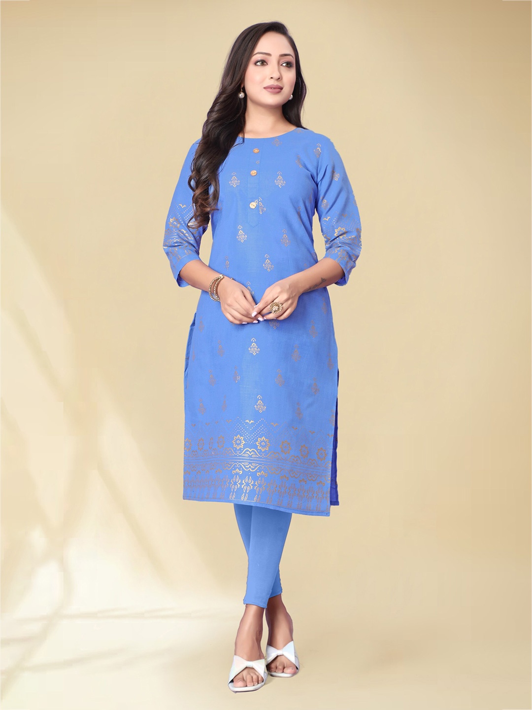 

Anouk Ethnic Motifs Printed Round Neck Three-Quarter Sleeves Straight Kurta, Blue