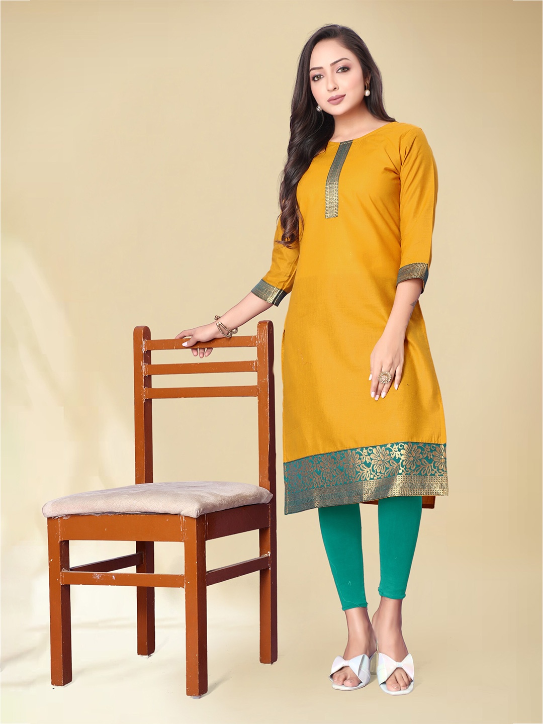 

Anouk Mustard Yellow Ethnic Motifs Yoke Design Round Neck Straight Kurta