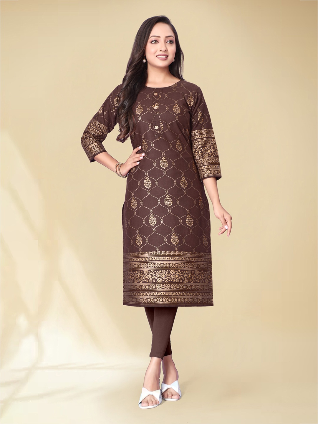 

Anouk Ethnic Motifs Printed Round Neck Three-Quarter Sleeves Straight Kurta, Brown